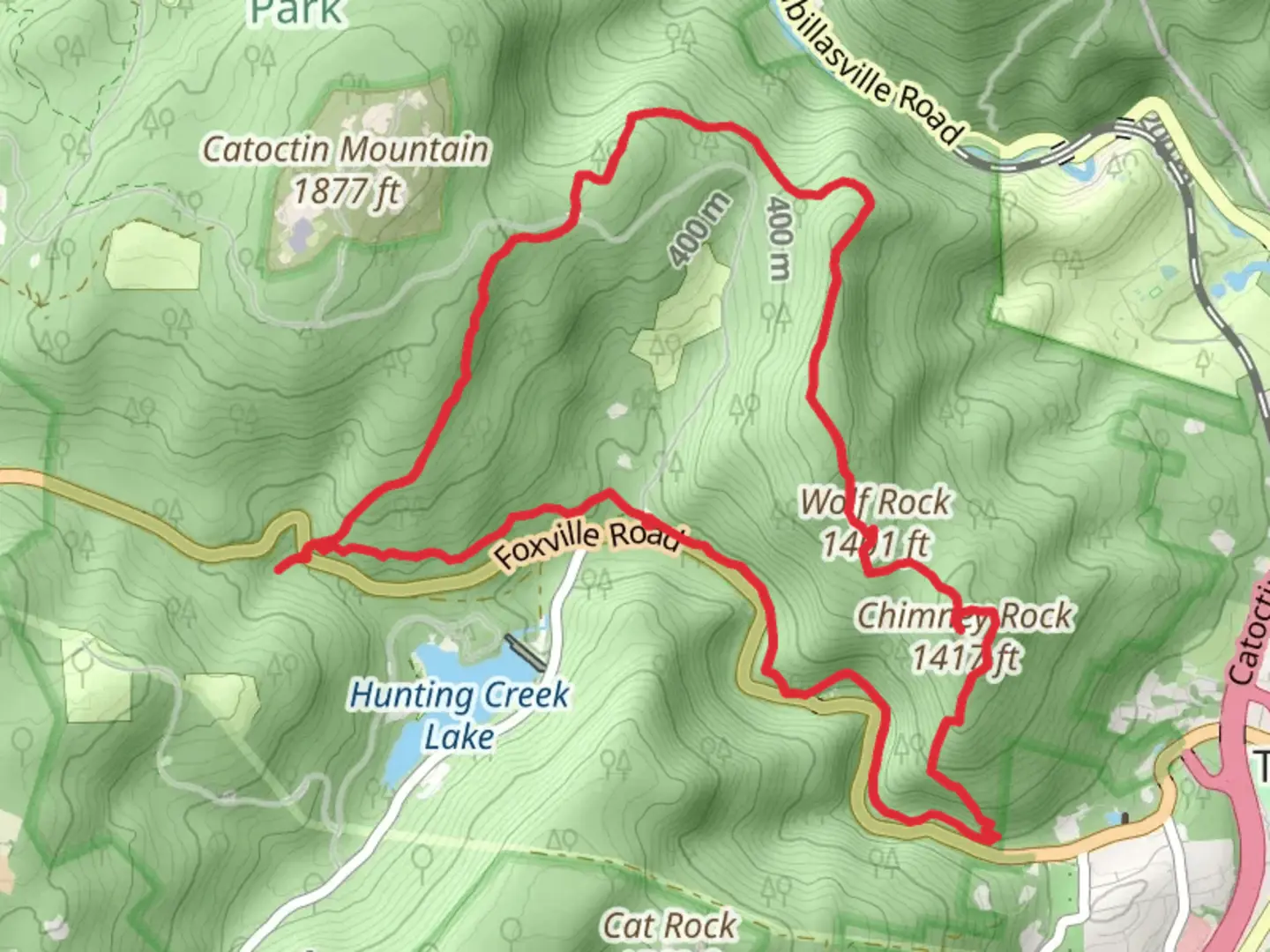 An image depicting the trail Hog Rock, Thurmont Vista, Wolf Rock and Chimney Rock Loop Trail and its surrounding area.