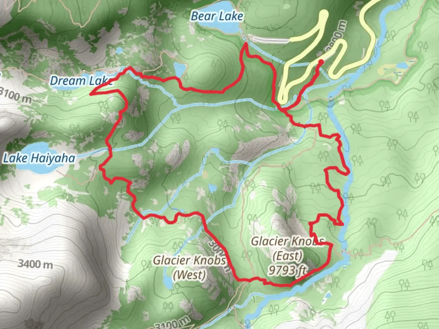 An image depicting the trail Glacier Gorge, Lake Haiyaha and Emerald Lake Loop Trail and its surrounding area.