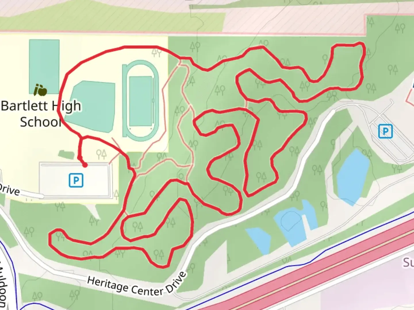 An image depicting the trail Powell's Path, Beardsley's Bends and Heritage Vista Loop and its surrounding area.