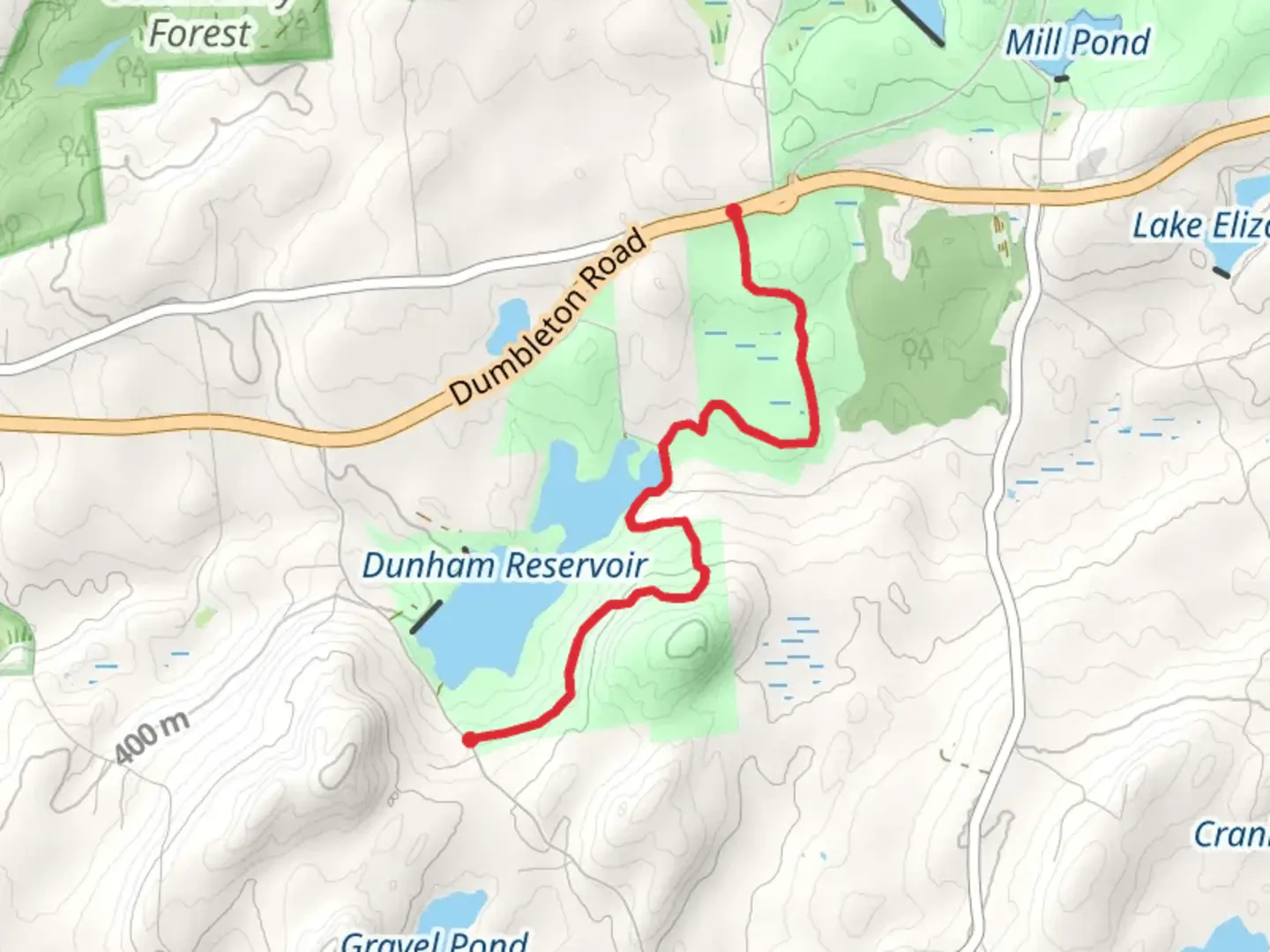An image depicting the trail Dunham Reservoir via Gartlerts Trail and its surrounding area.