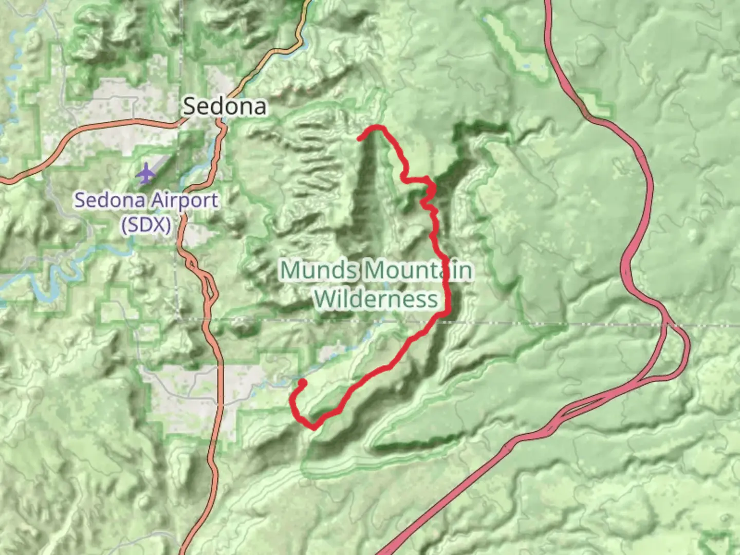 An image depicting the trail Horse Mesa and Munds Mountain via Hot Loop and its surrounding area.