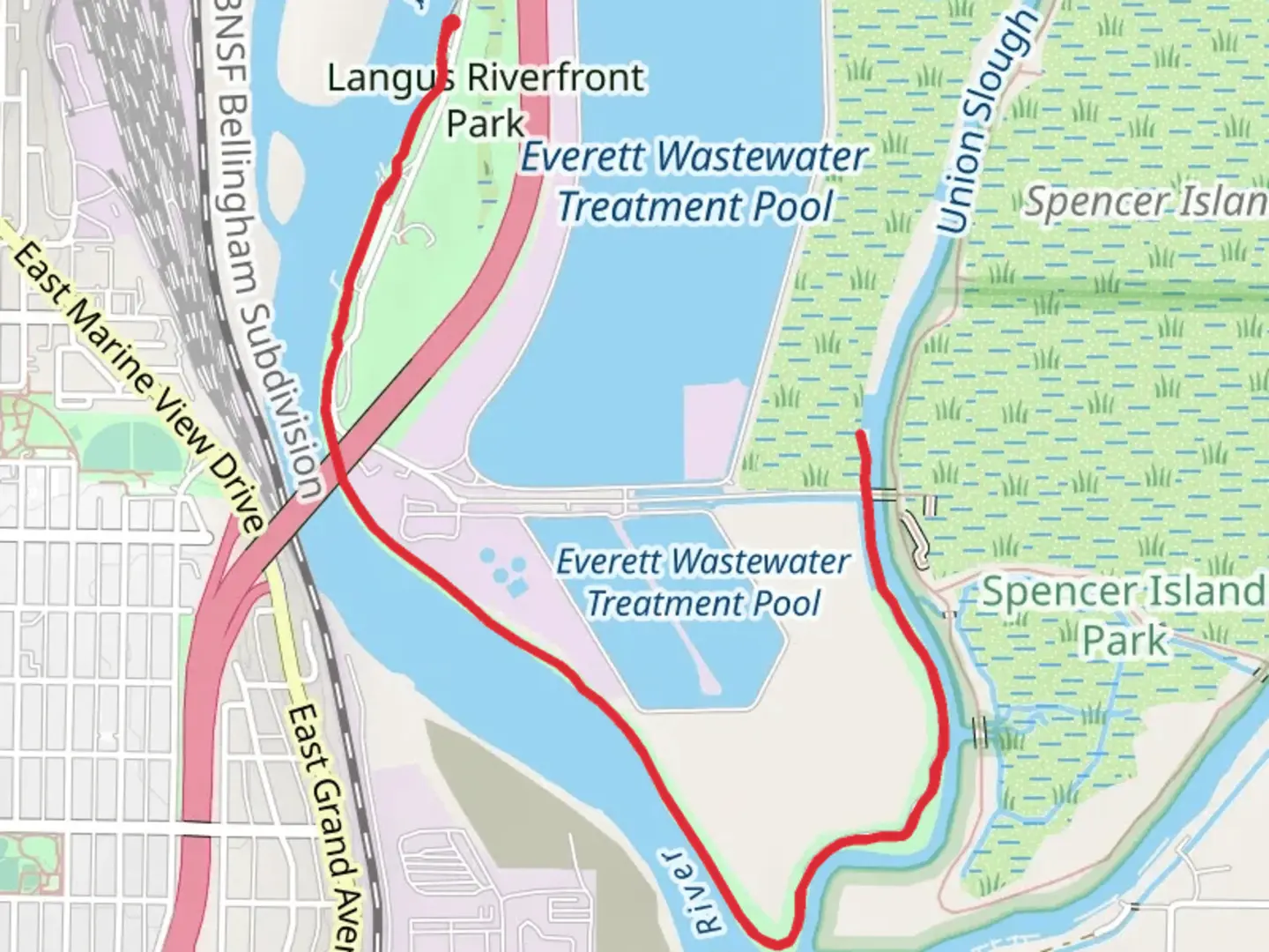 An image depicting the trail Langus Riverfront Trail and its surrounding area.