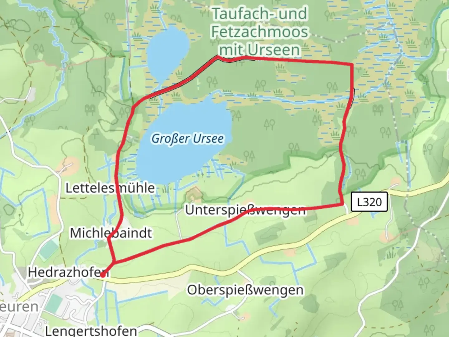 An image depicting the trail Großer Ursee and Taufachmoos Loop and its surrounding area.