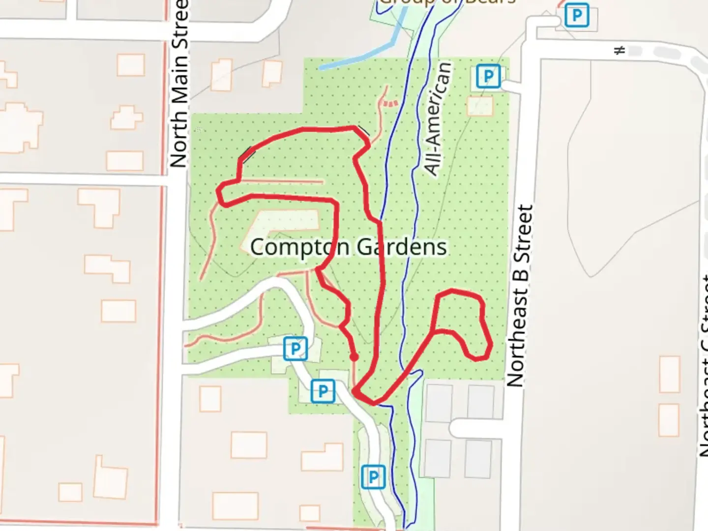 An image depicting the trail Compton Gardens Loop and its surrounding area.