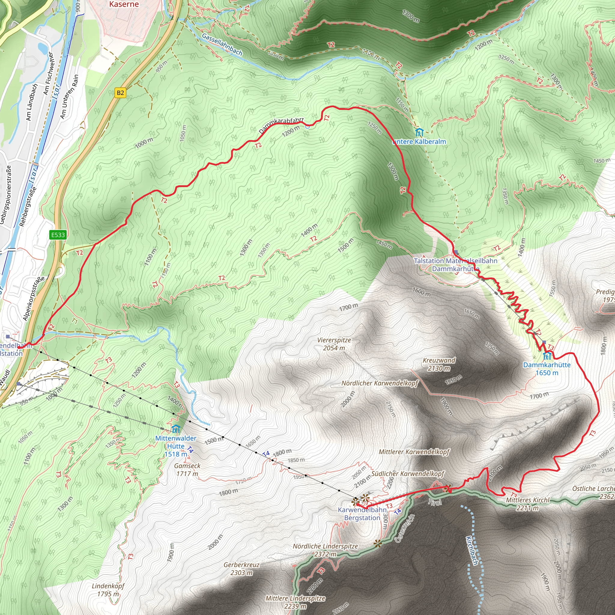 Bergwelt Karwendel to Karwendelbahn Talstation Walk via Dammkarhutte mobile static map