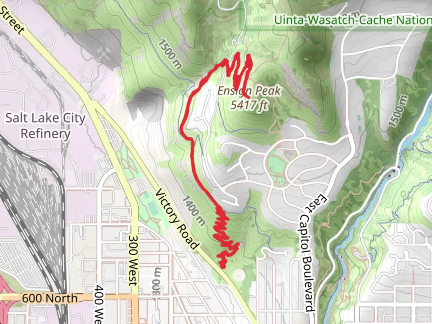An image depicting the trail Ensign Peak via Hell Canyon Trail and its surrounding area.
