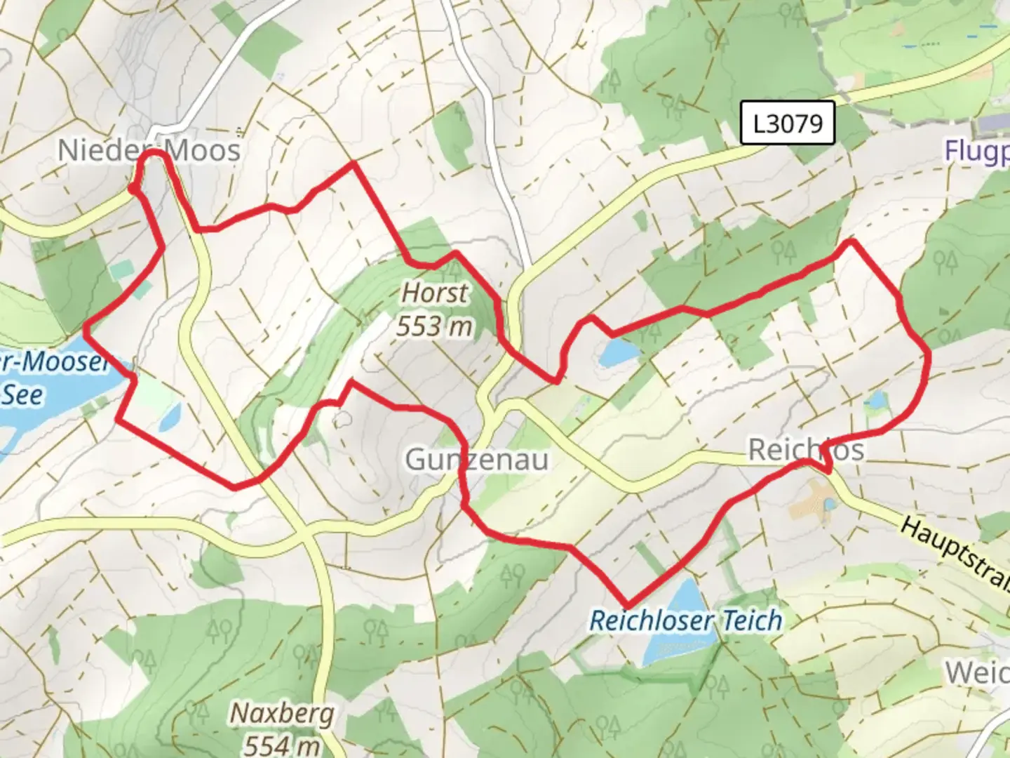 An image depicting the trail Nieder-Mooser See via Geologie and Geistliches and its surrounding area.