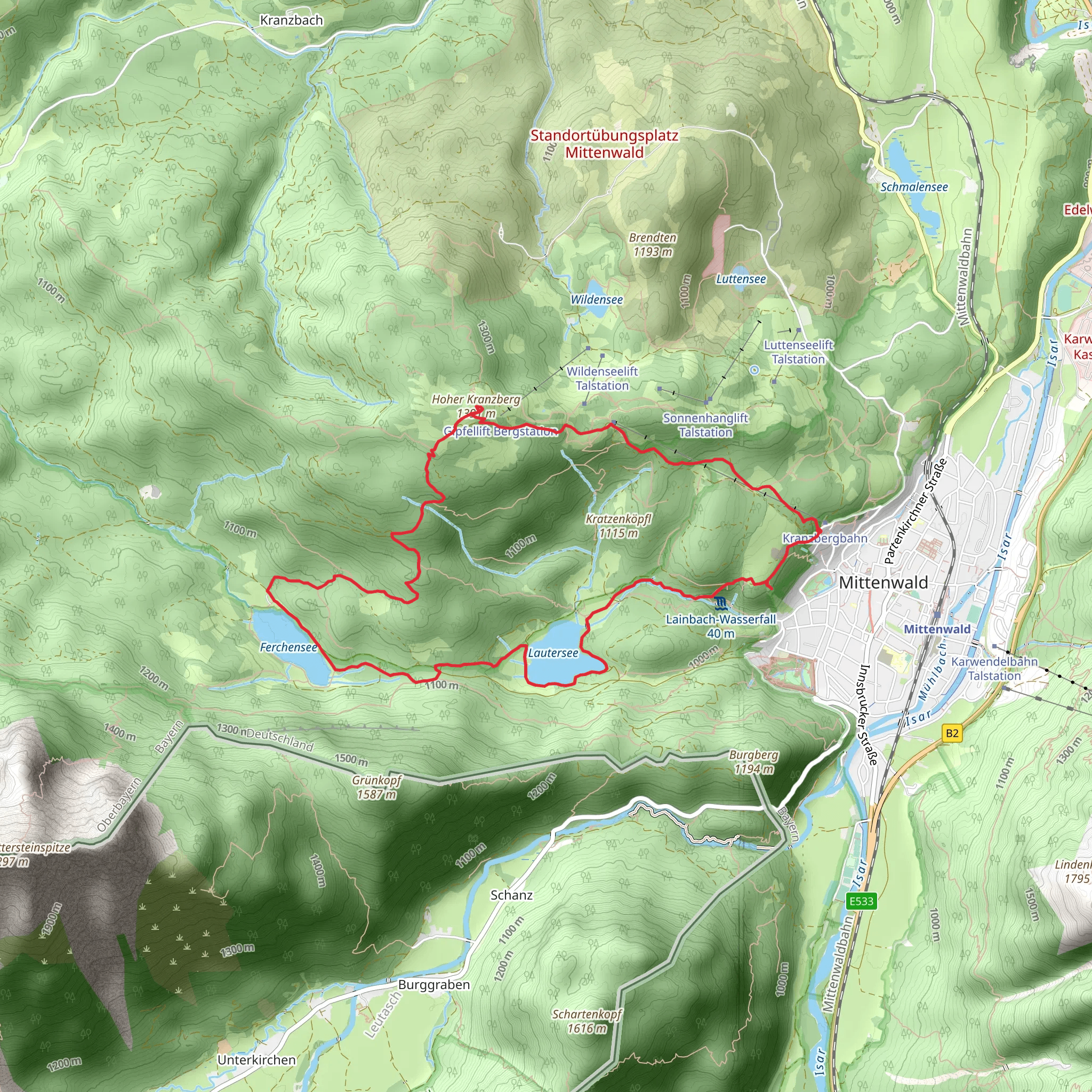Lainbach Wasserfall, Lautersee, Ferchensee and Kranzberg Loop mobile static map