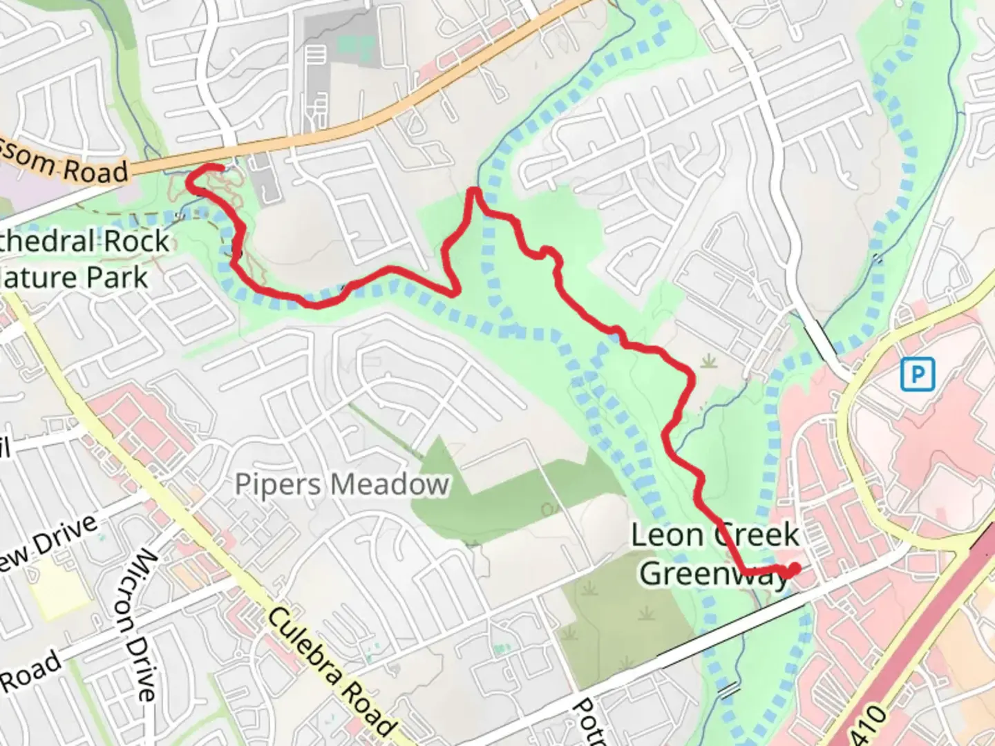An image depicting the trail Culebra Creek Greenway Trail and its surrounding area.