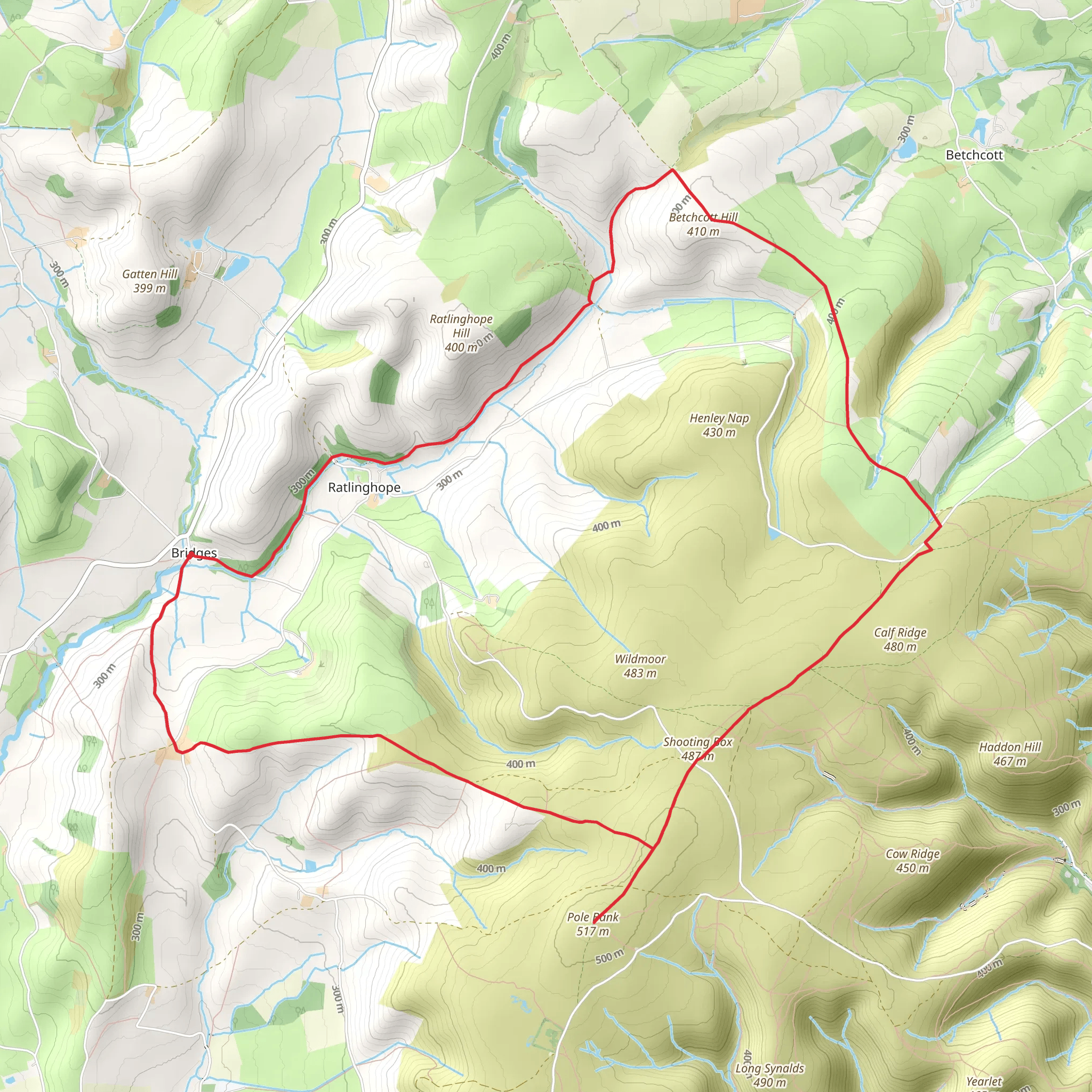 Betchcott Hills and Pole Bank from Bridges mobile static map