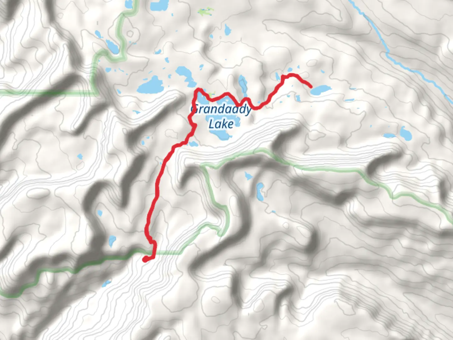 An image depicting the trail Grandaddy Lake and Fern Lake via Hades Rocky Sea Pass Trail and its surrounding area.