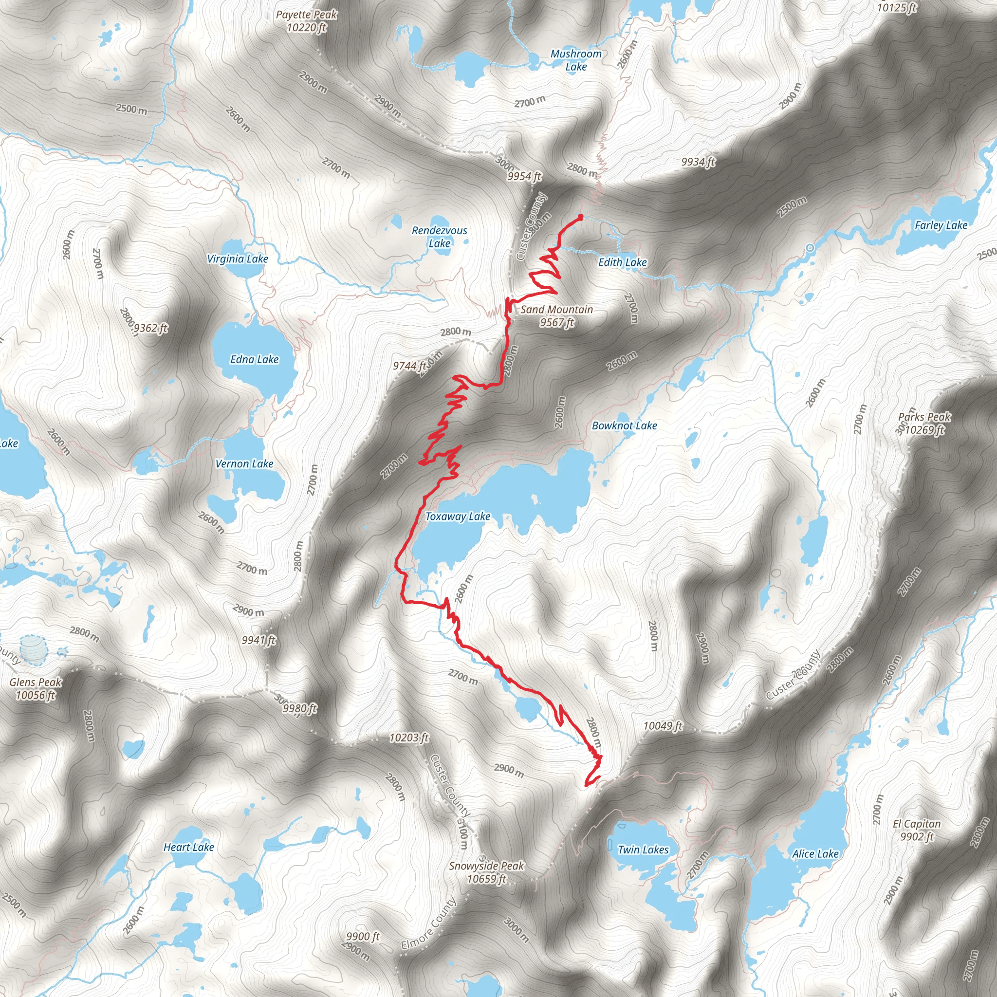 Toxaway Lake and Twin Lakes via Alice Lake-Redfish Lake Trail mobile static map