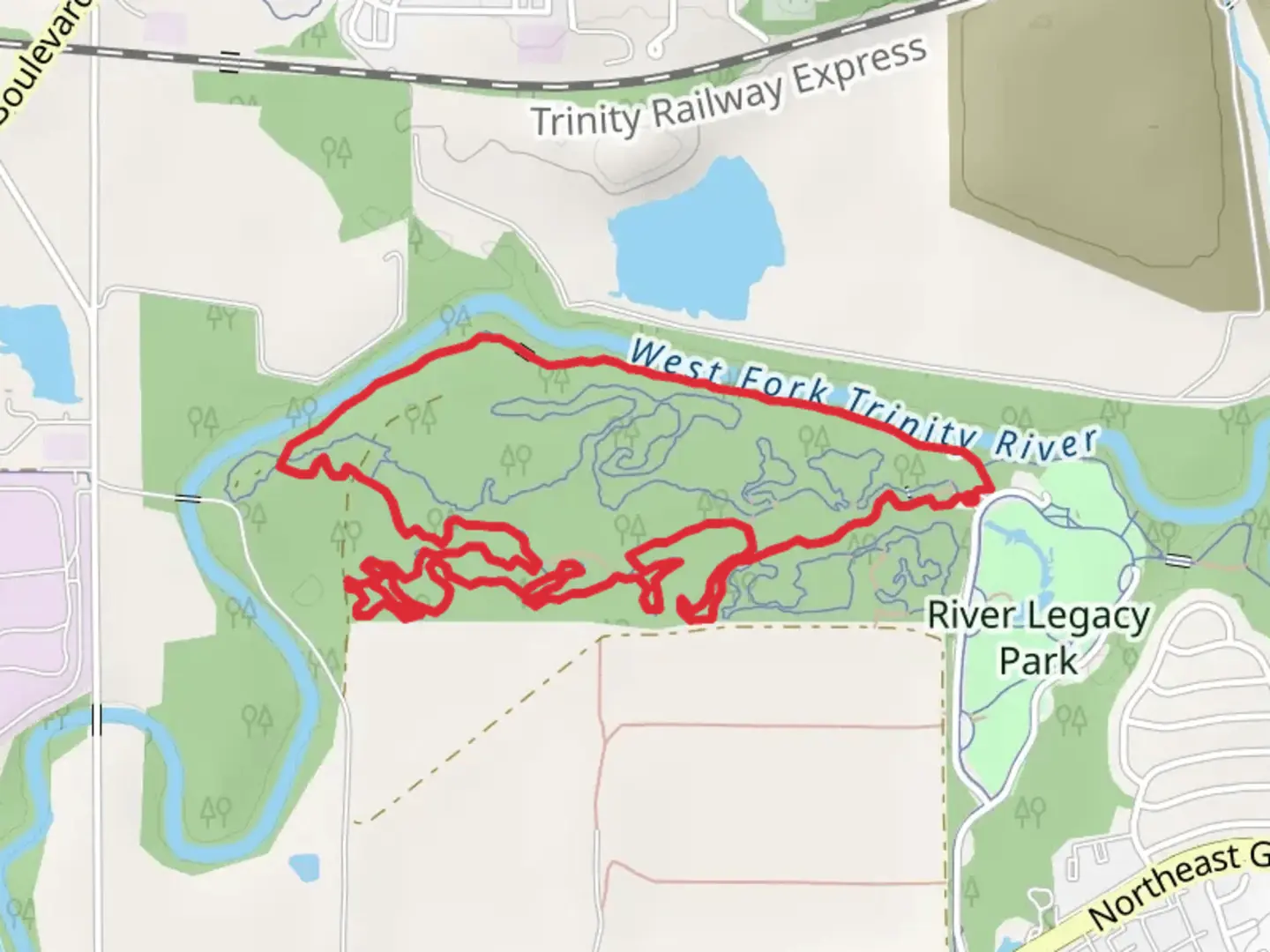 An image depicting the trail West Fork Trinity River via River Legacy Trail and its surrounding area.