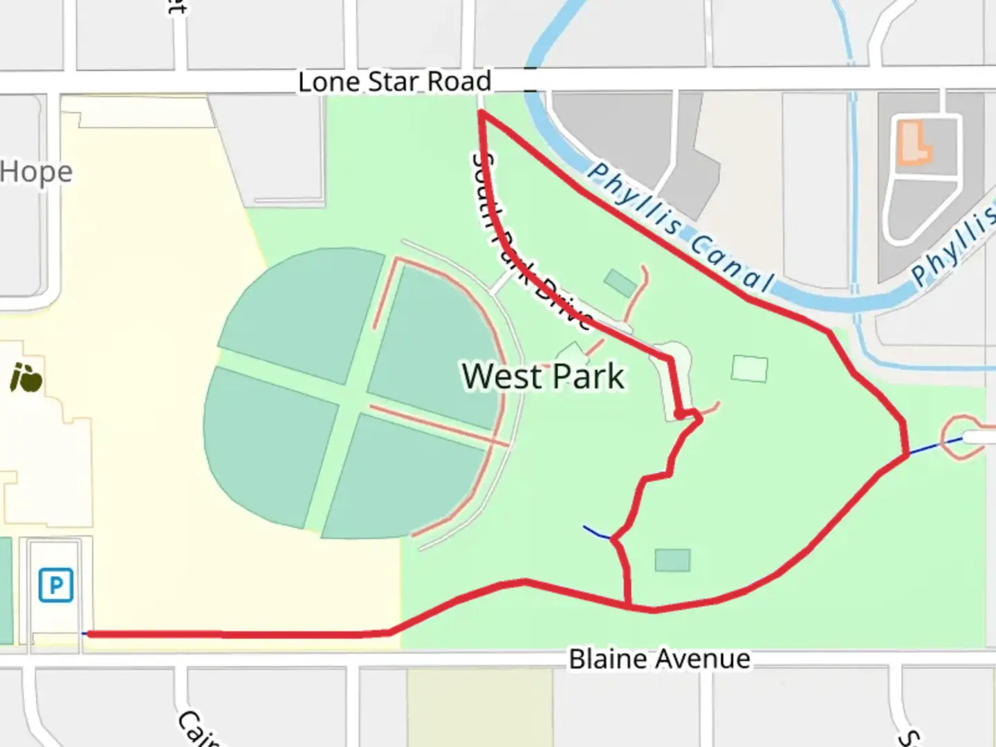 An image depicting the trail South Park Drive Loop and its surrounding area.