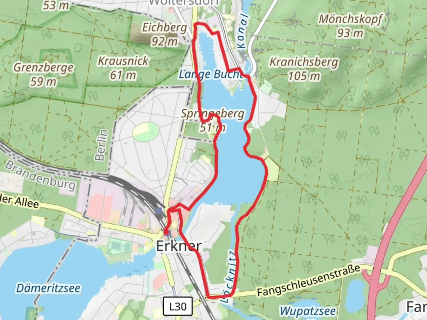 An image depicting the trail Flakensee Loop via Mueggel Spree Weg and its surrounding area.