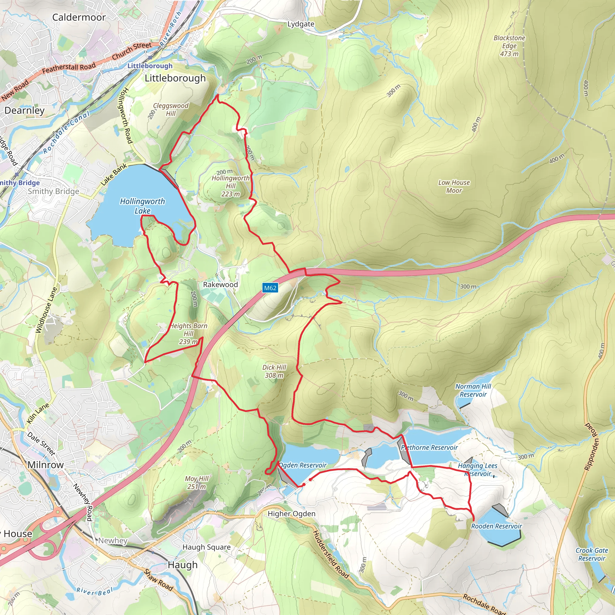 Ogden Reservoir, Heights Barn Hill, Hollingworth Lake and Rooden Reservoir Loop mobile static map