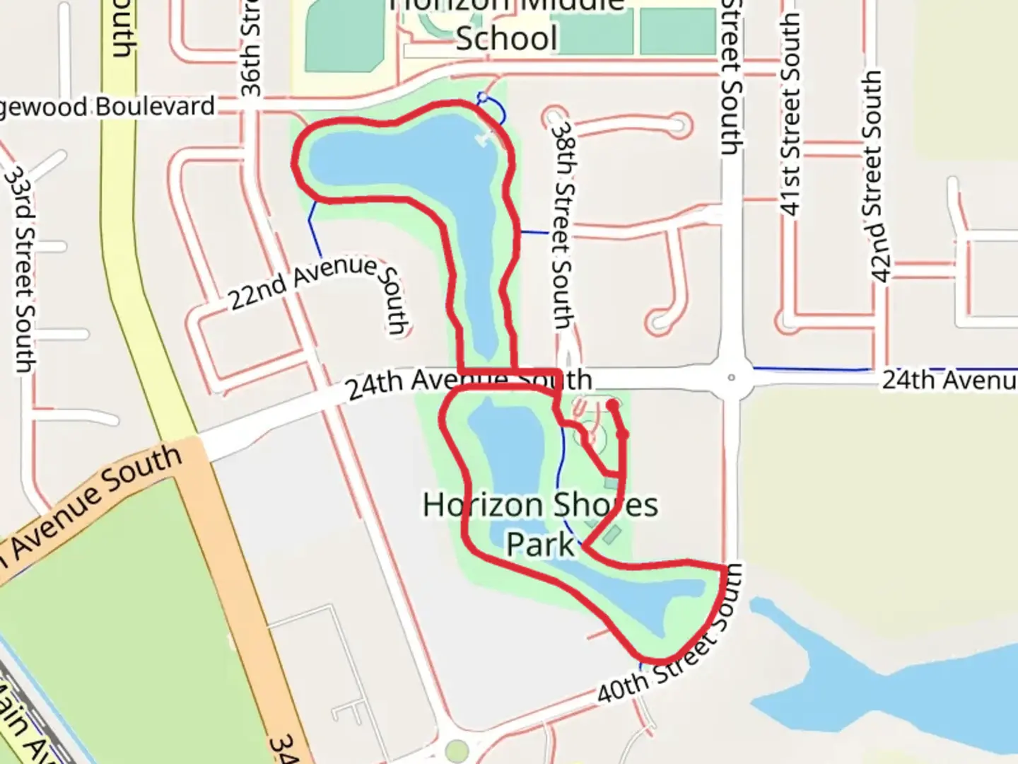 An image depicting the trail Horizon Shores Park Loop and its surrounding area.