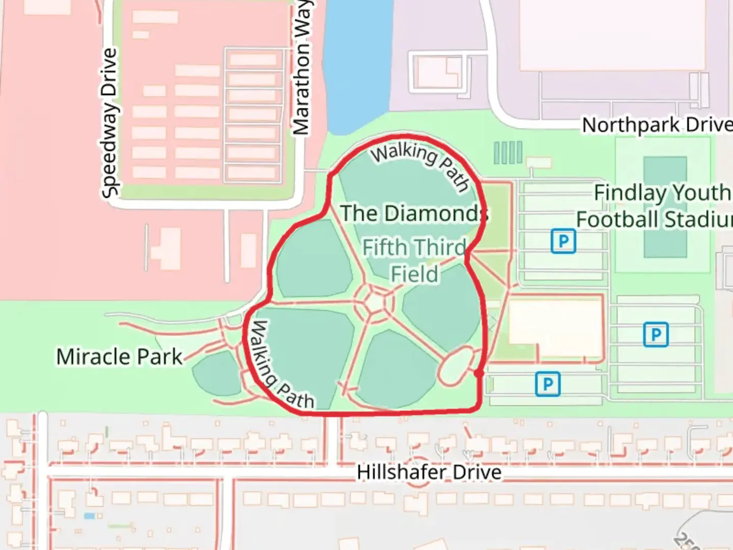 An image depicting the trail Flag City Community Park Walking Path and its surrounding area.