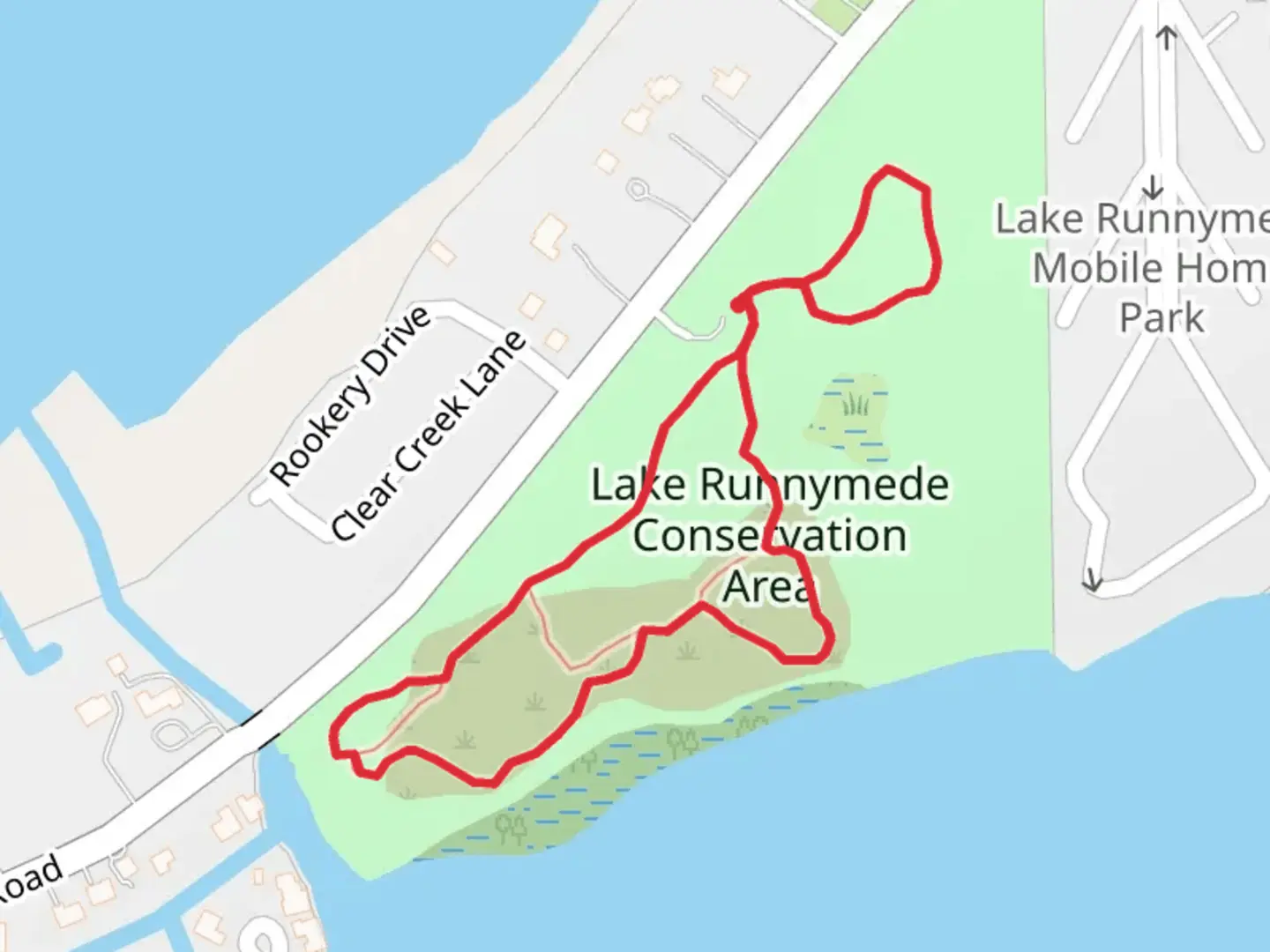 An image depicting the trail Lake Runnymede Conservation Area and Side Loop and its surrounding area.