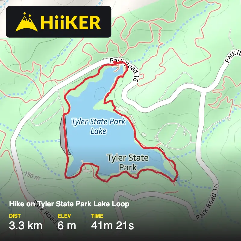 A map preview of the recording Hike on Tyler State Park Lake Loop.