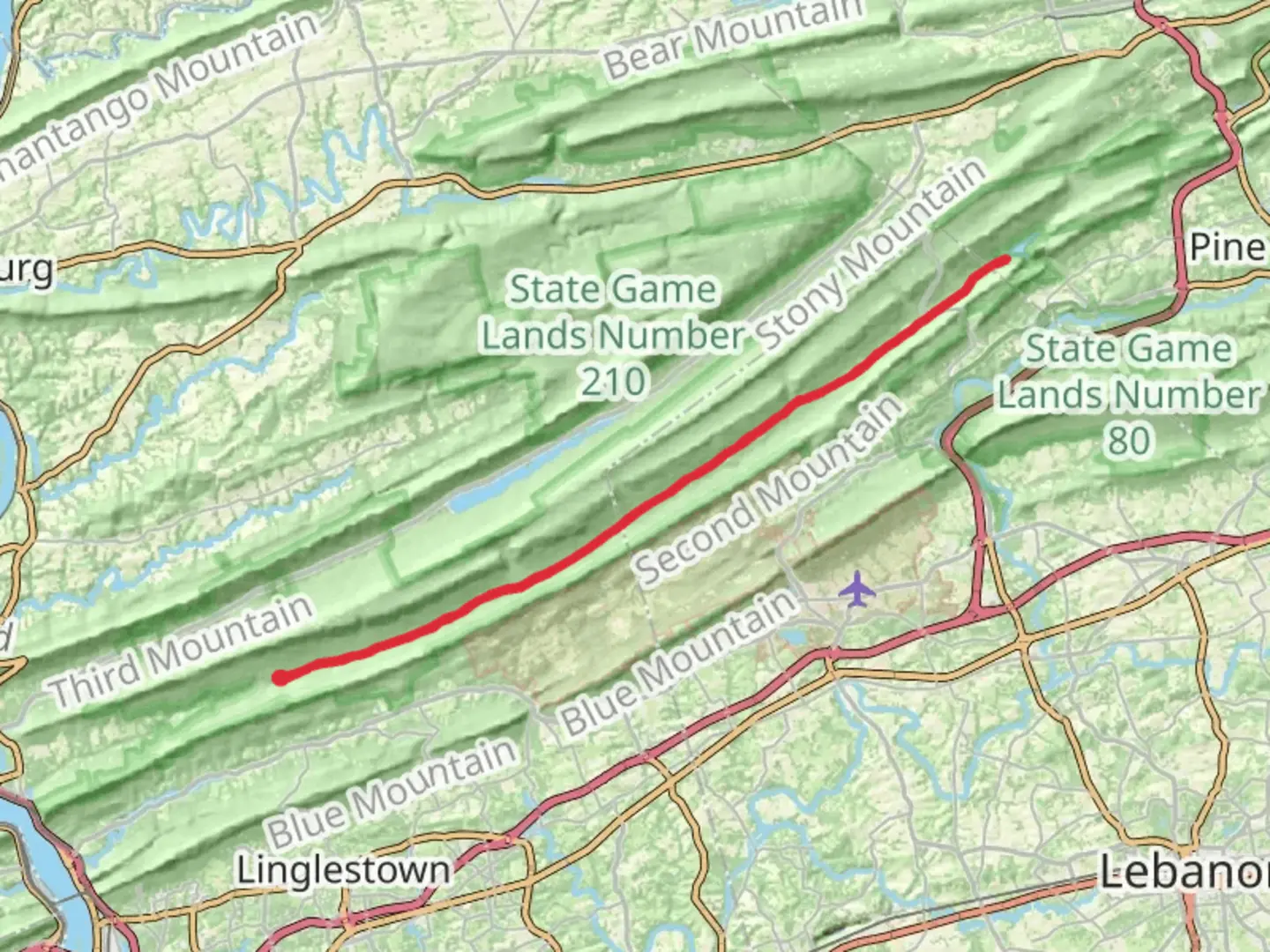 An image depicting the trail Lebanon Reservoir and its surrounding area.
