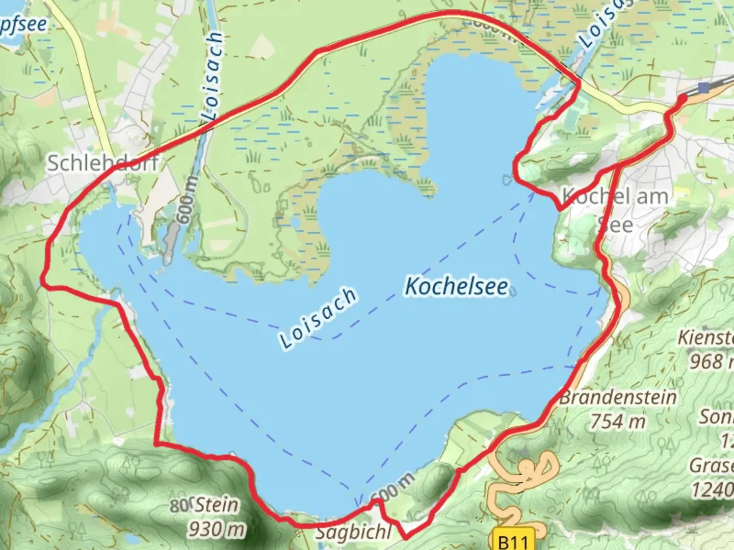 An image depicting the trail Kochelsee Loop and its surrounding area.