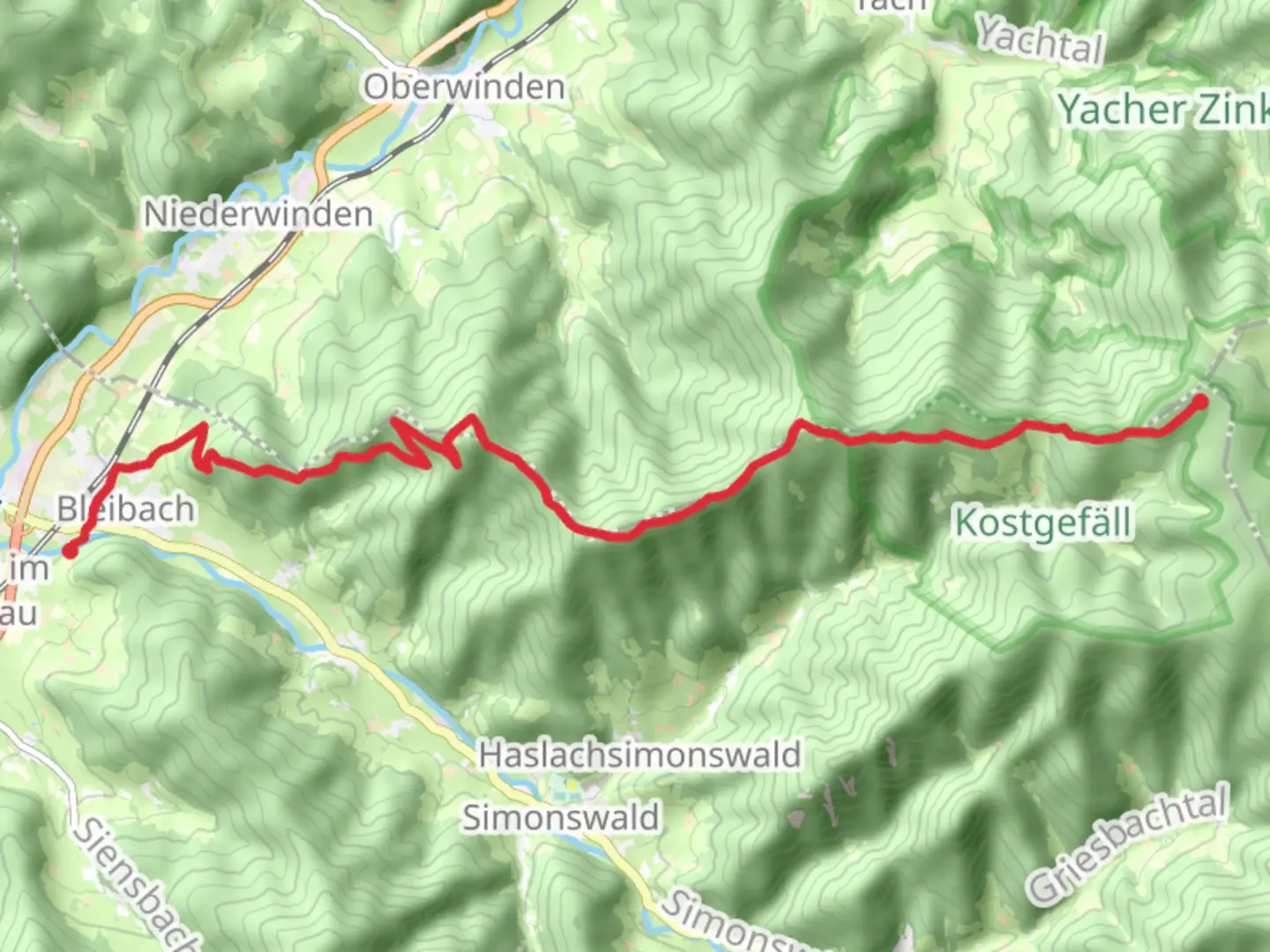 An image depicting the trail Bleibach - Yacher Hoehe and its surrounding area.