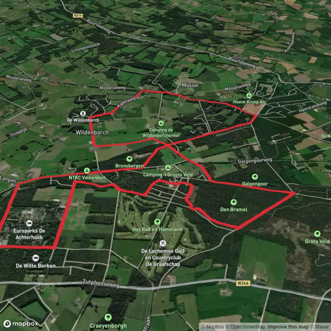 An image depicting the trail Den Bramel via Grote Veld Route and its surrounding area.