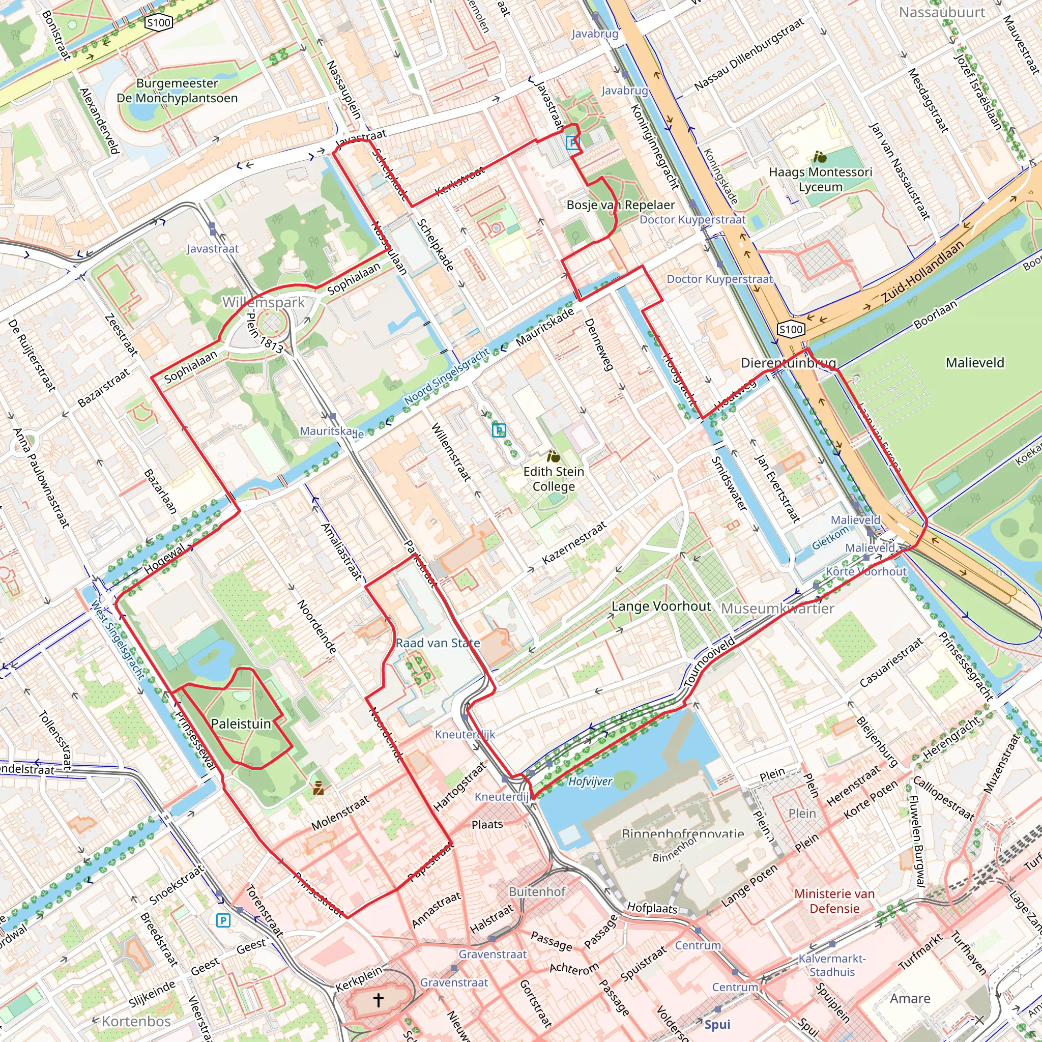 Bosje van Repelaer, Hofvijver and Palace Gardens via Monumentale Bomen - en hofjes Route mobile static map