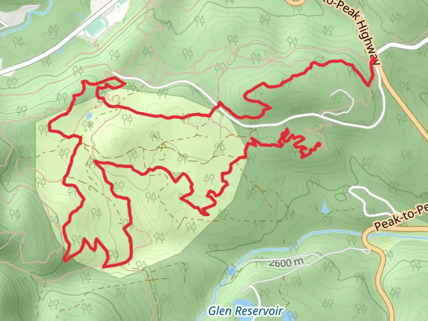 An image depicting the trail Hobbit and Observatory Loop and its surrounding area.