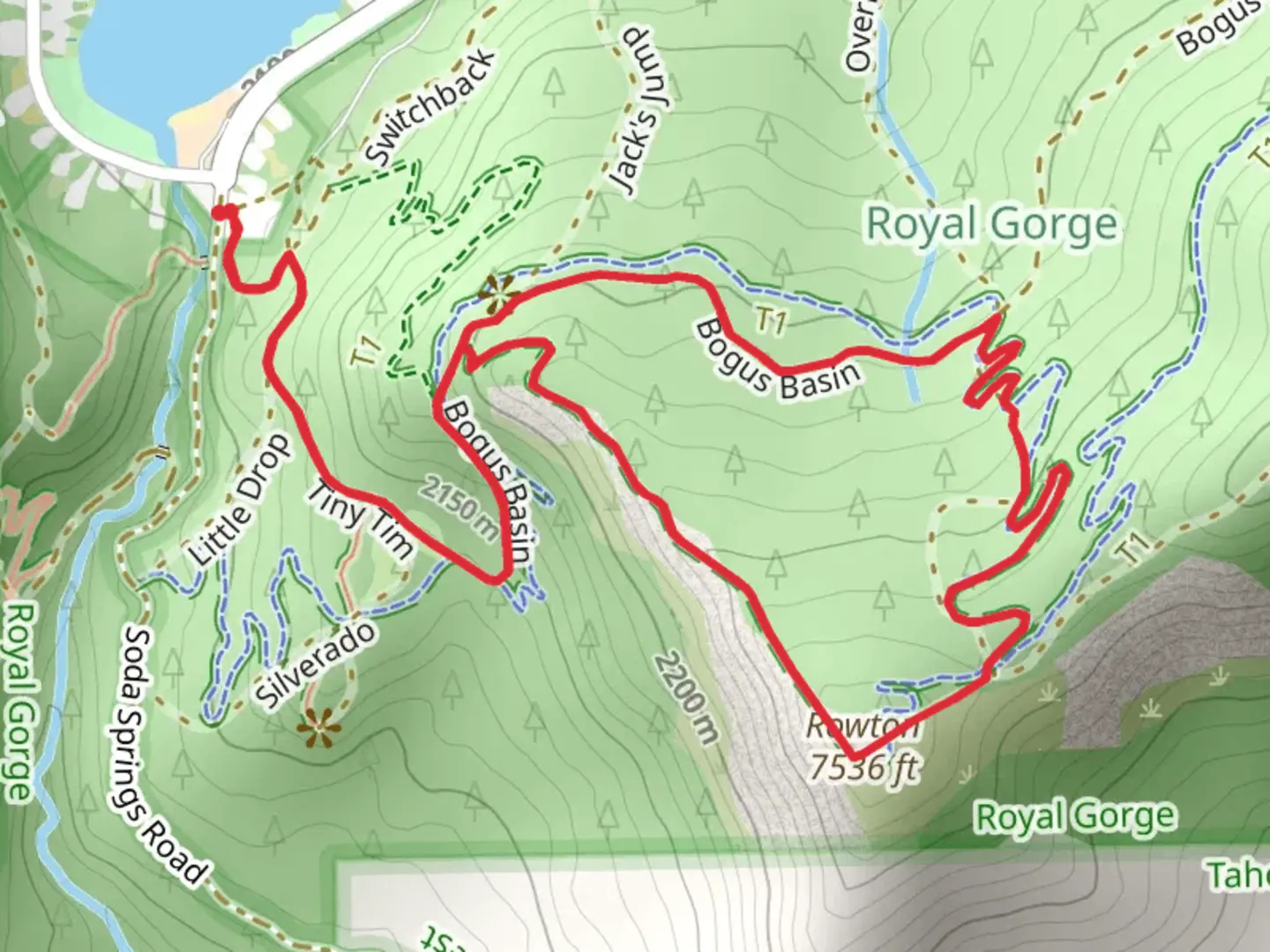 An image depicting the trail Tiny Tim, Rowton Peak Trail and Bogus Basin Loop and its surrounding area.