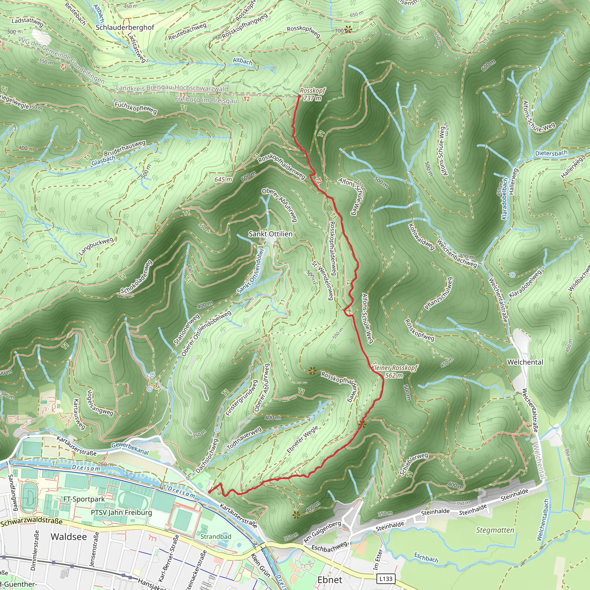 Roßkopfturm to Schwarzwald Stadion via Borderline mobile static map