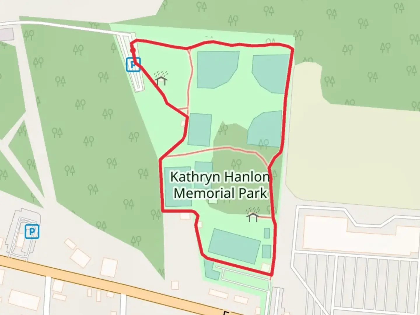 An image depicting the trail Kathryn Hanlon Memorial Park Loop and its surrounding area.