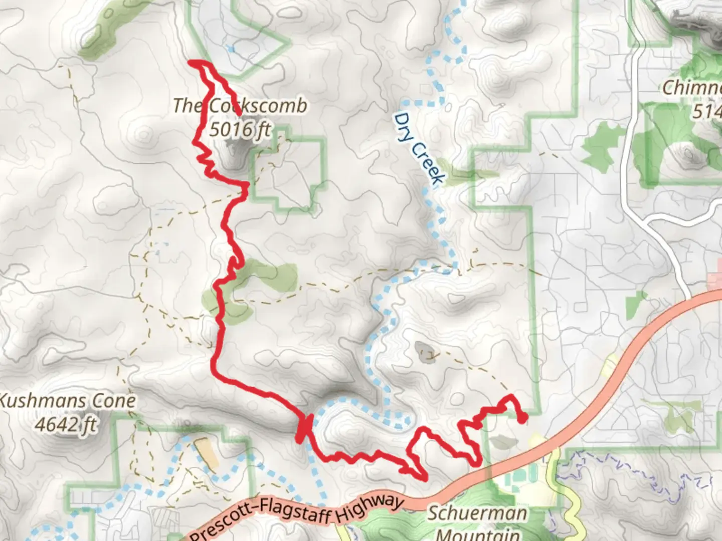 An image depicting the trail The Cockscomb via Outer Limits and its surrounding area.