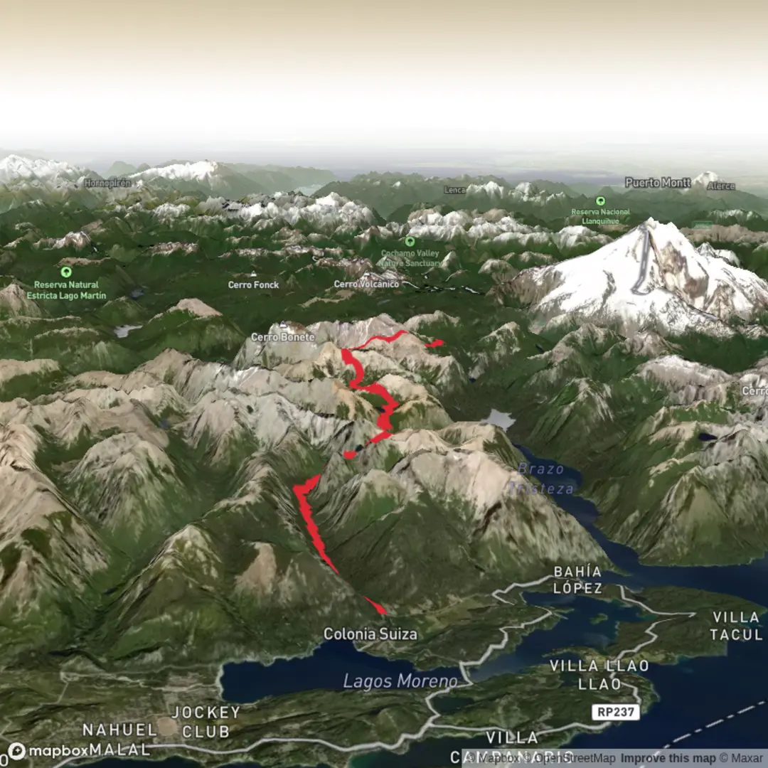 An image depicting the trail Colonia Suiza - Pampa Linda ….. 4 days and its surrounding area.