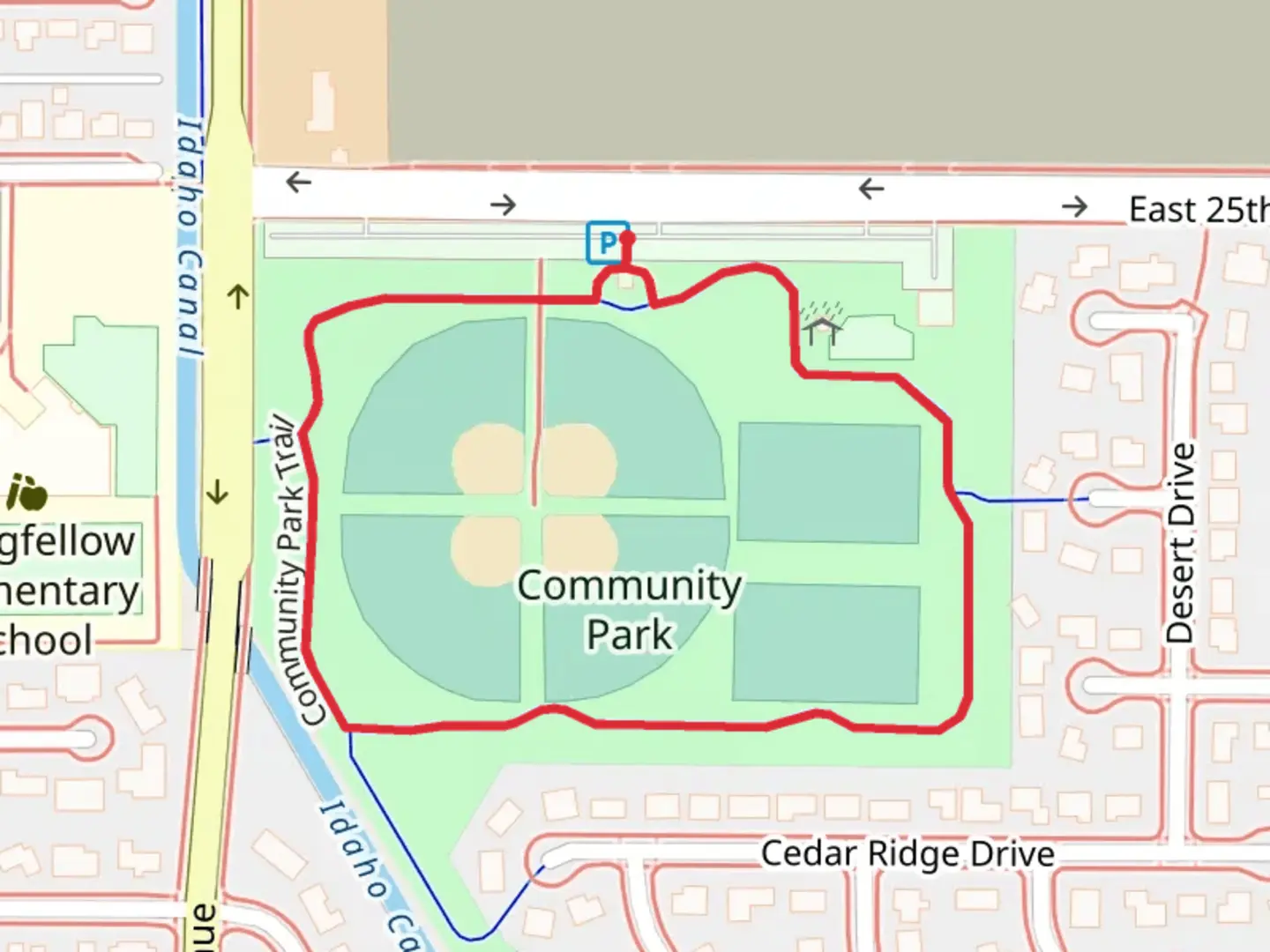 An image depicting the trail Community Park Loop and its surrounding area.