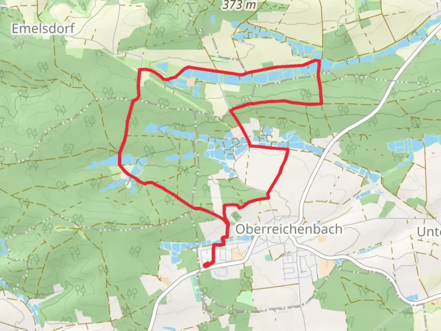 An image depicting the trail Tanzenhaidteiche, Sintmannsbuch and Erlesbachteiche Loop via Bettelhutlein Runde and its surrounding area.