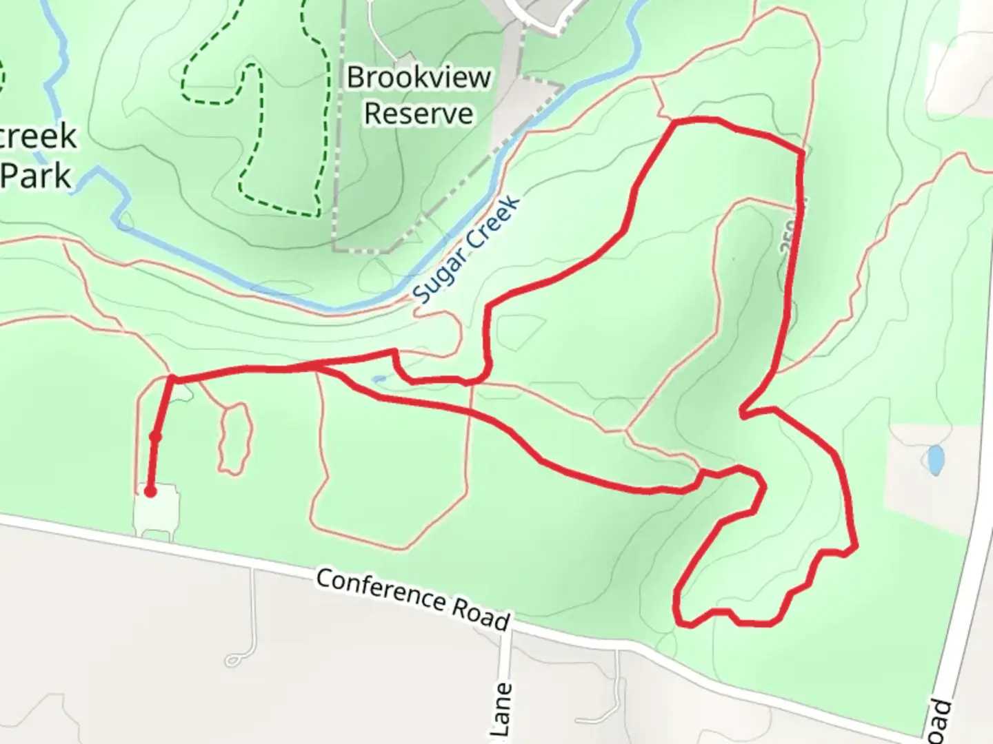 An image depicting the trail Sugarcreek MetroPark Green and Yellow Loop Trail and its surrounding area.