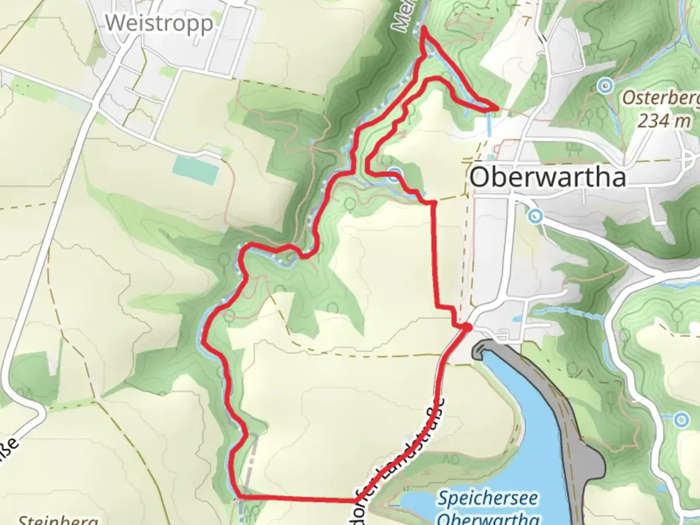 An image depicting the trail Gelber Strich and Gruener Strich Loop and its surrounding area.