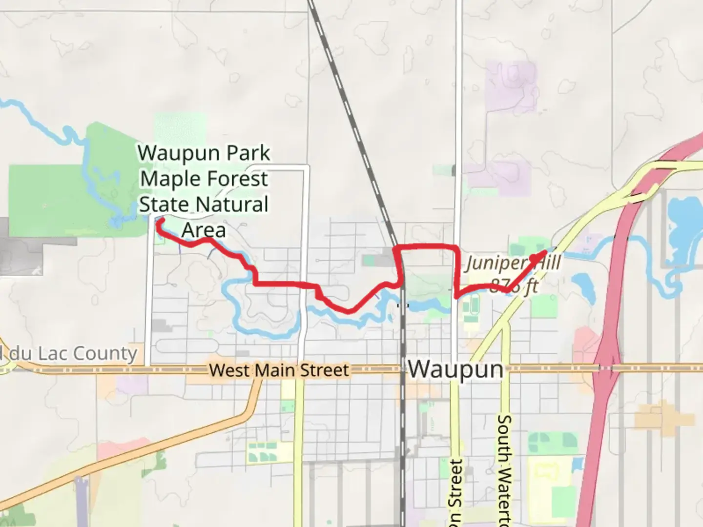 An image depicting the trail Juniper Hill and South Branch Rock River Walk and its surrounding area.
