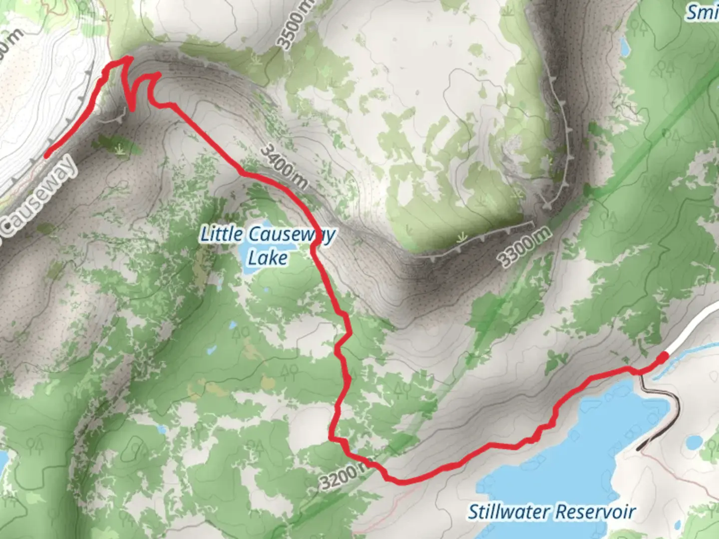 An image depicting the trail Stillwater Reservoir, Little Causeway Lake and East Fork Trail and its surrounding area.