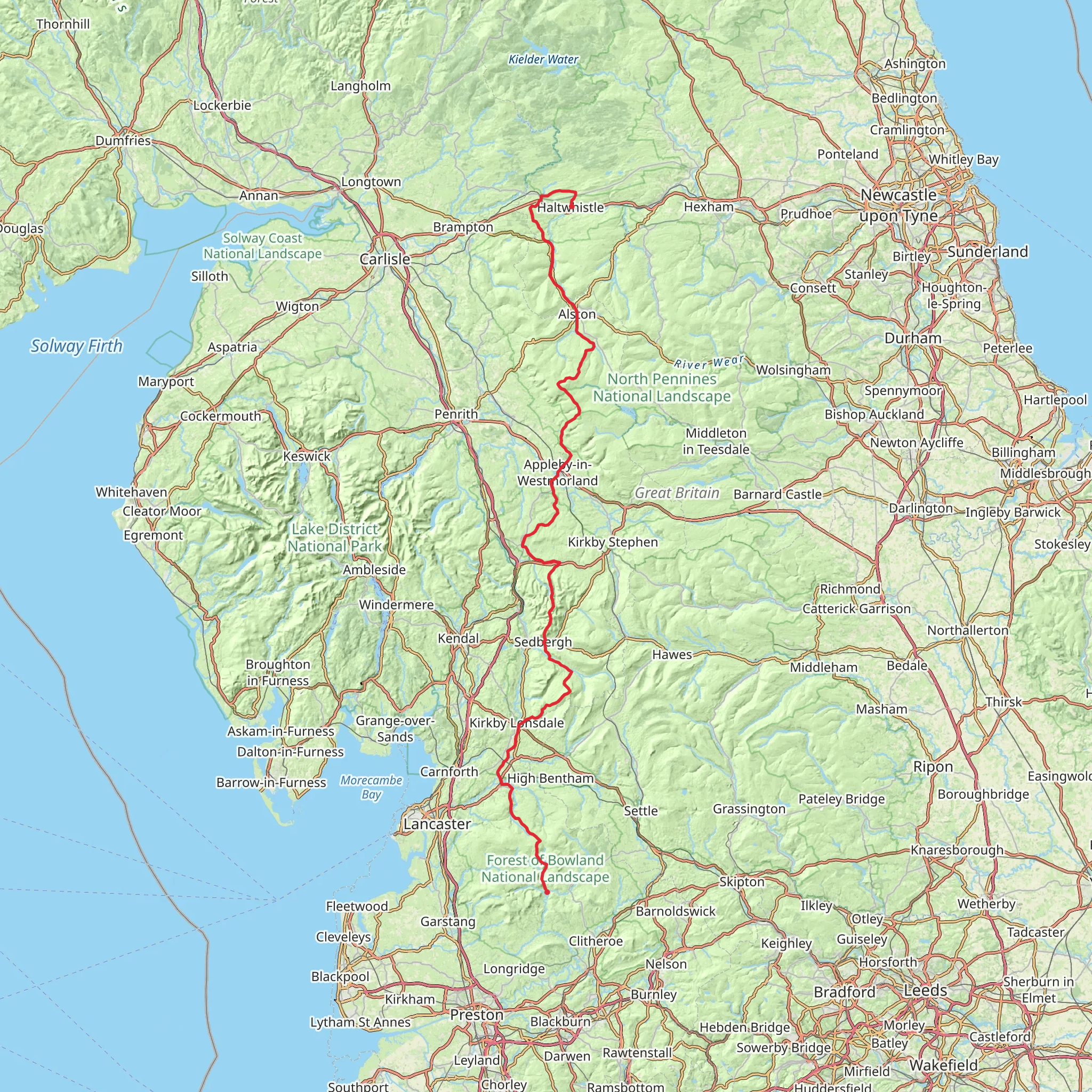 Dunsop Bridge to Haltwhistle via Dales Way mobile static map
