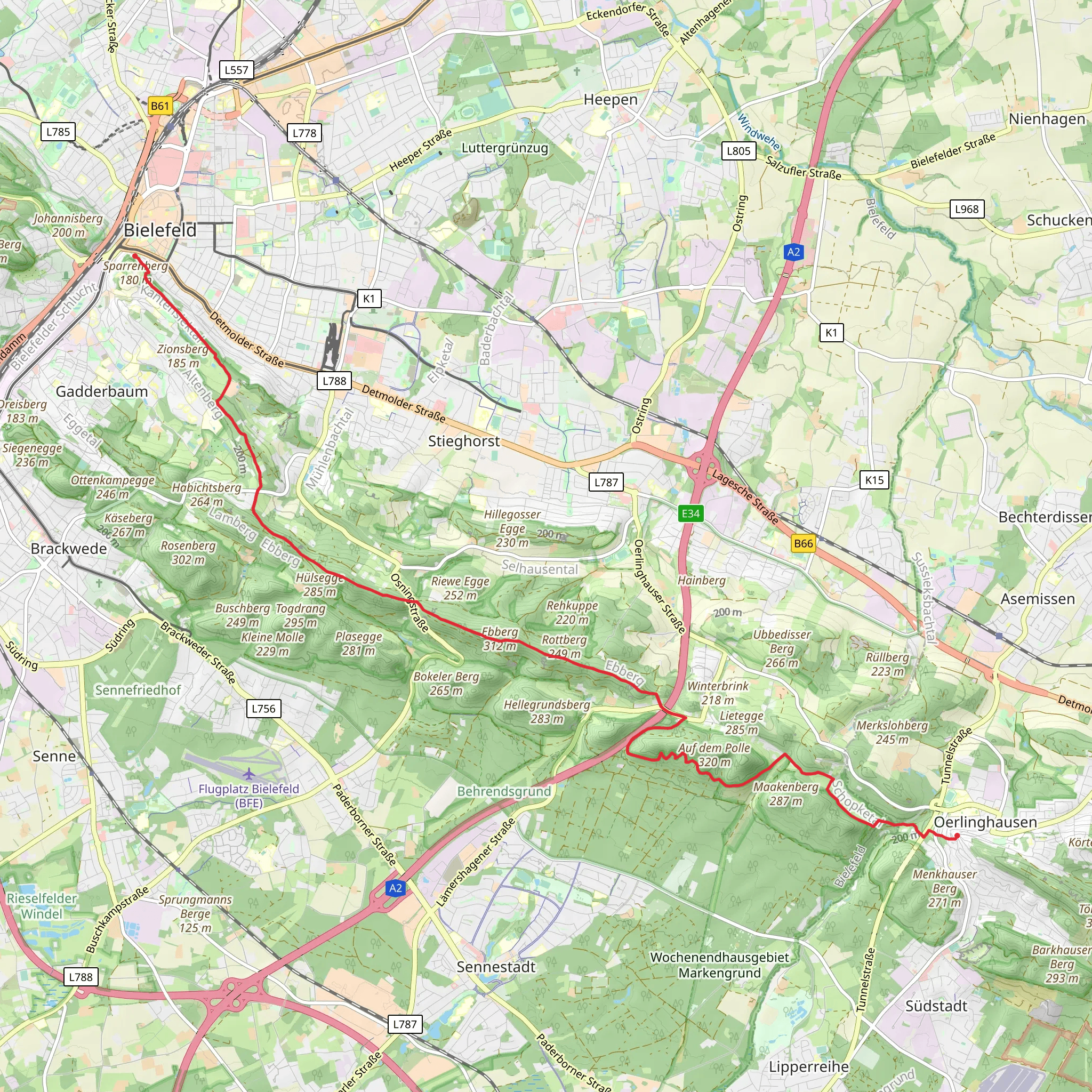 Bielefeld to Oerlinghausen Walk via Promenade mobile static map