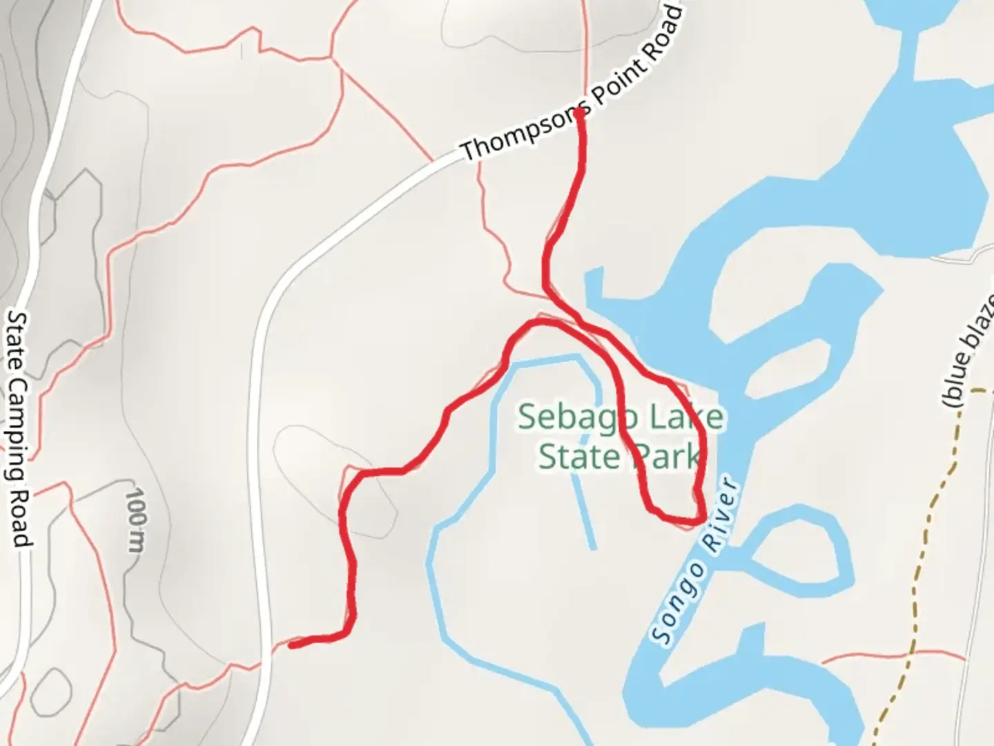 An image depicting the trail Songo River and its surrounding area.