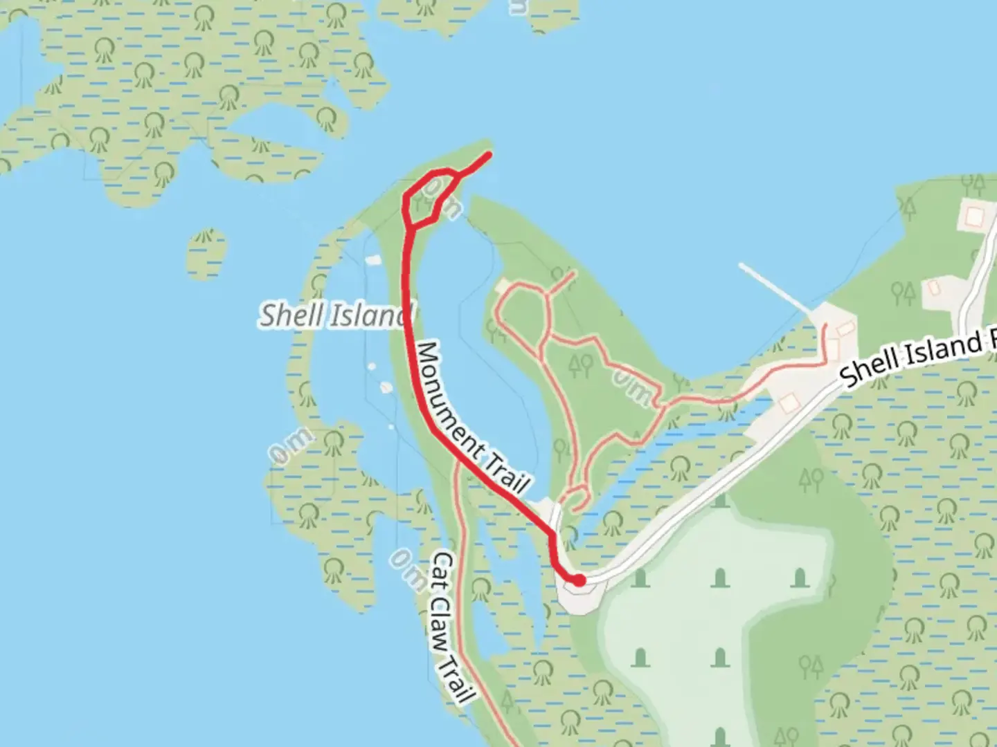 An image depicting the trail Monument Trail from Shell Island Road and its surrounding area.