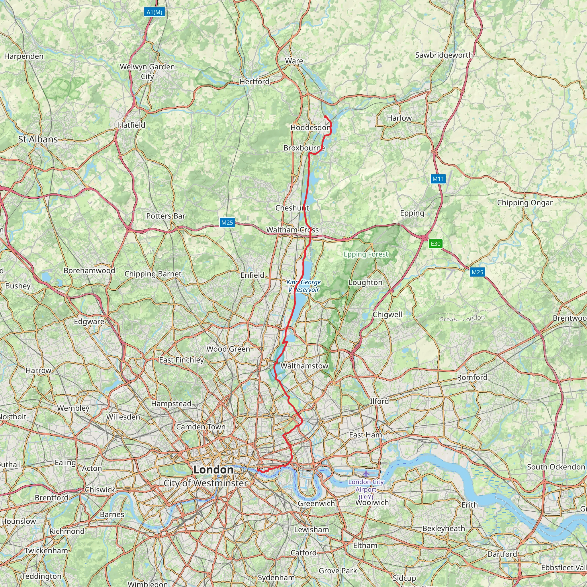 Rye House to Tower of London Walk mobile static map