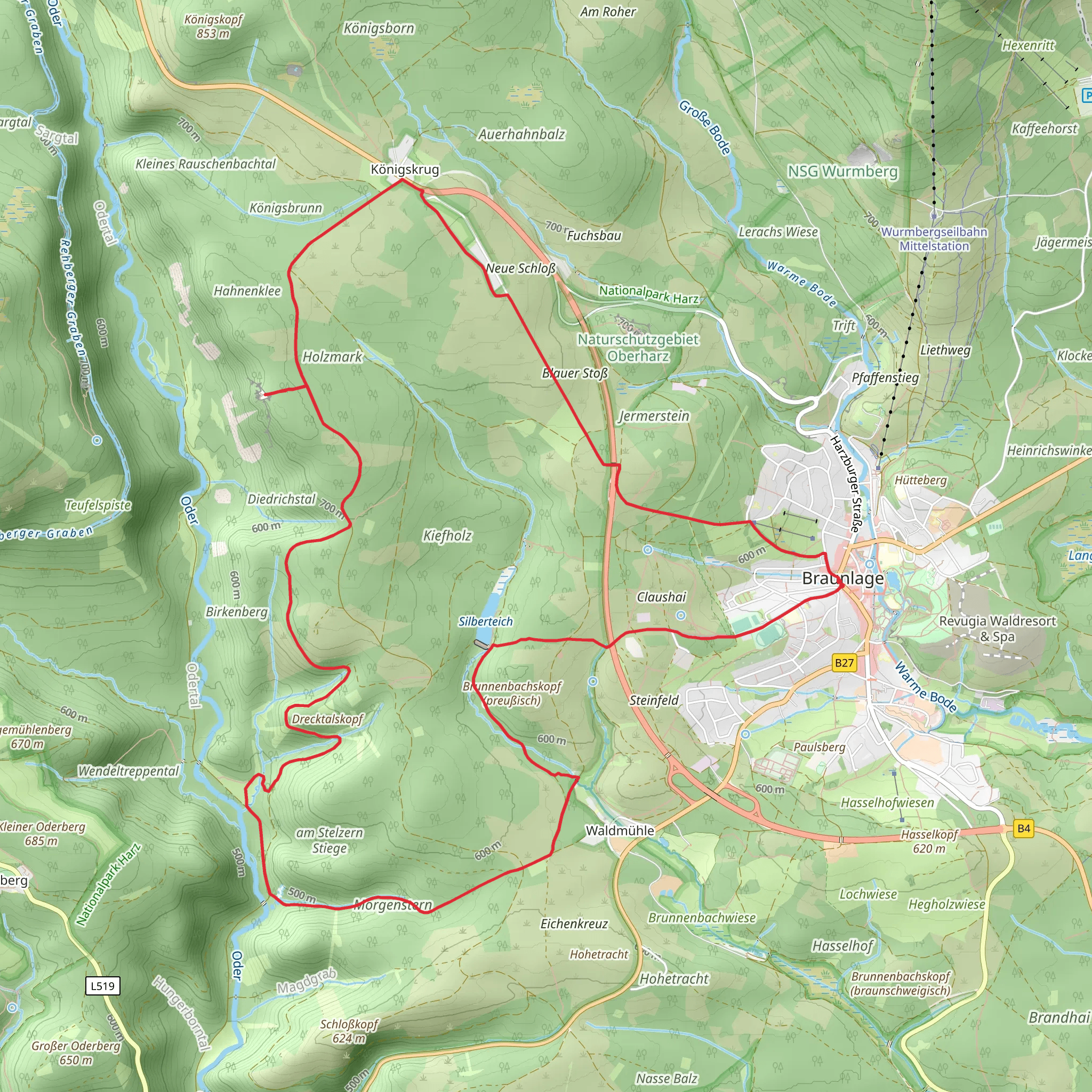 Braunlage Loop via Hahnenkleeklippen mobile static map