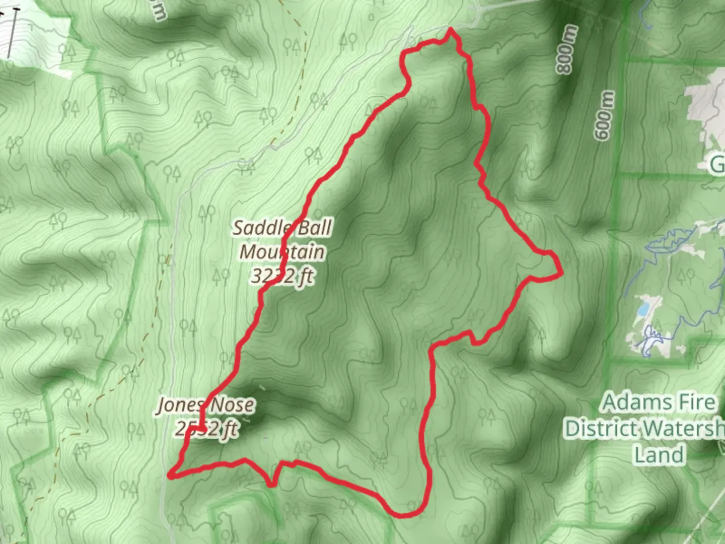 An image depicting the trail Jones Nose and Saddle Ball Mountain Loop and its surrounding area.