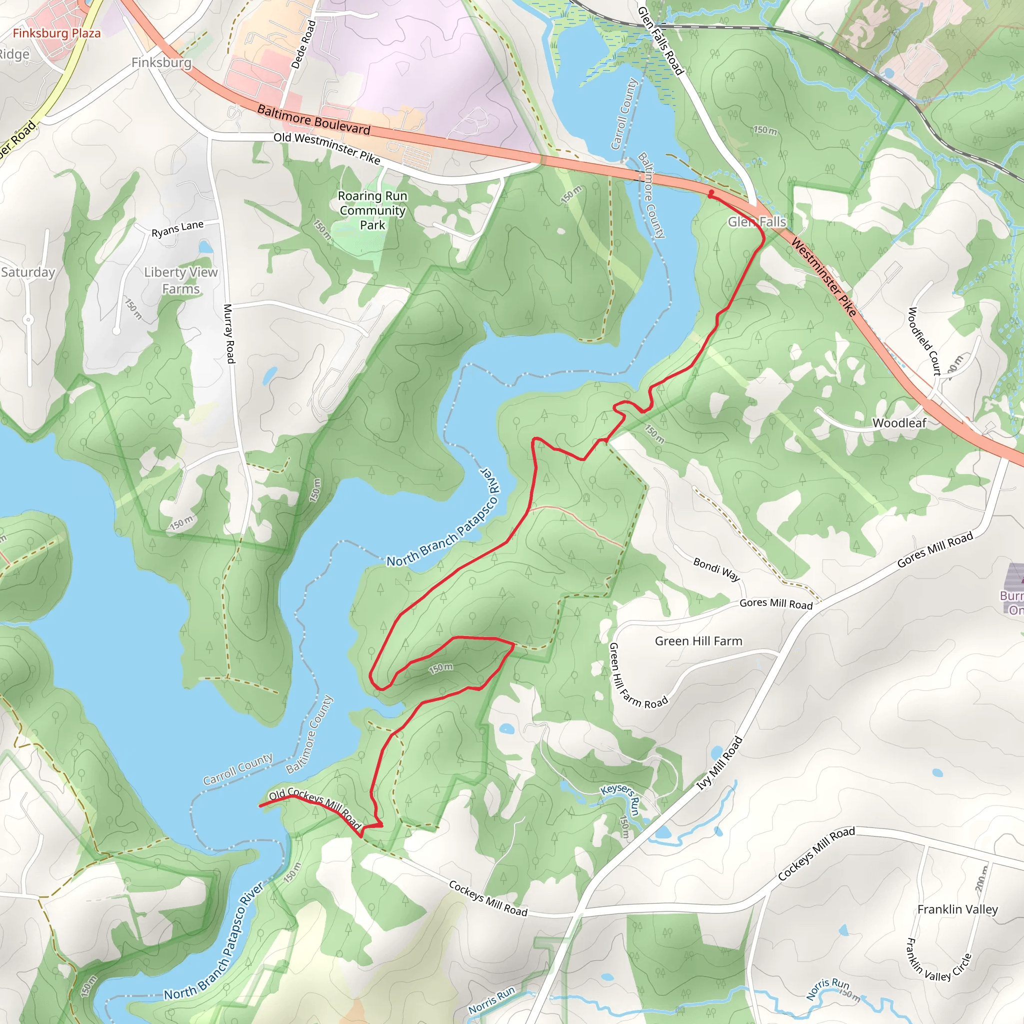 Walk beside North Branch Patapsco River from Glen Falls mobile static map