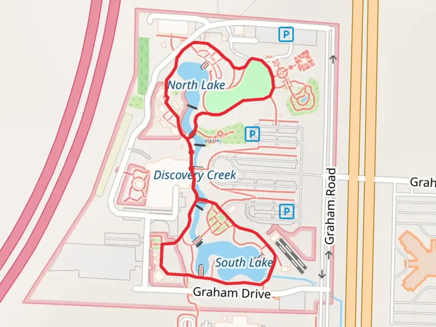 An image depicting the trail North Lake, South Lake in American Garden and The Great Lawn Loop and its surrounding area.